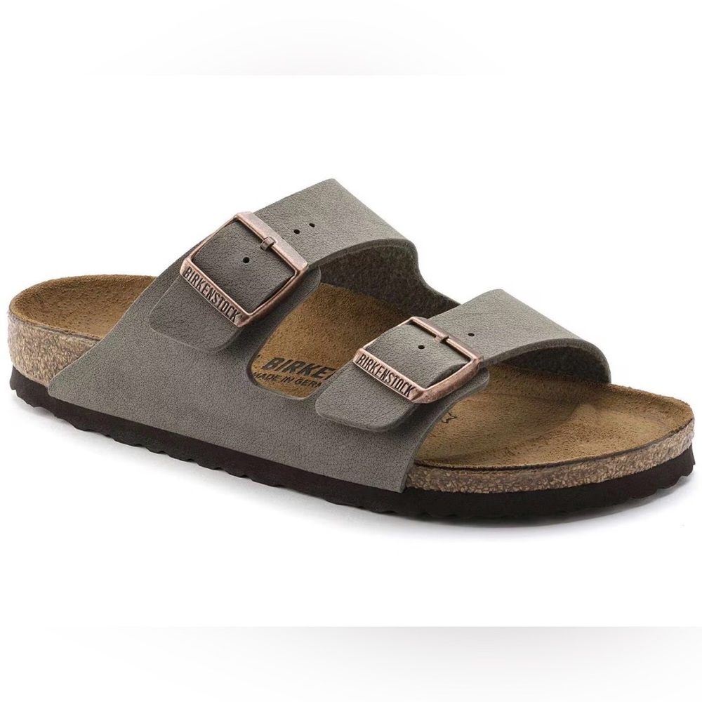 Birkenstock Arizona Two-Strap Sandal in Gray with Rose Buckles
